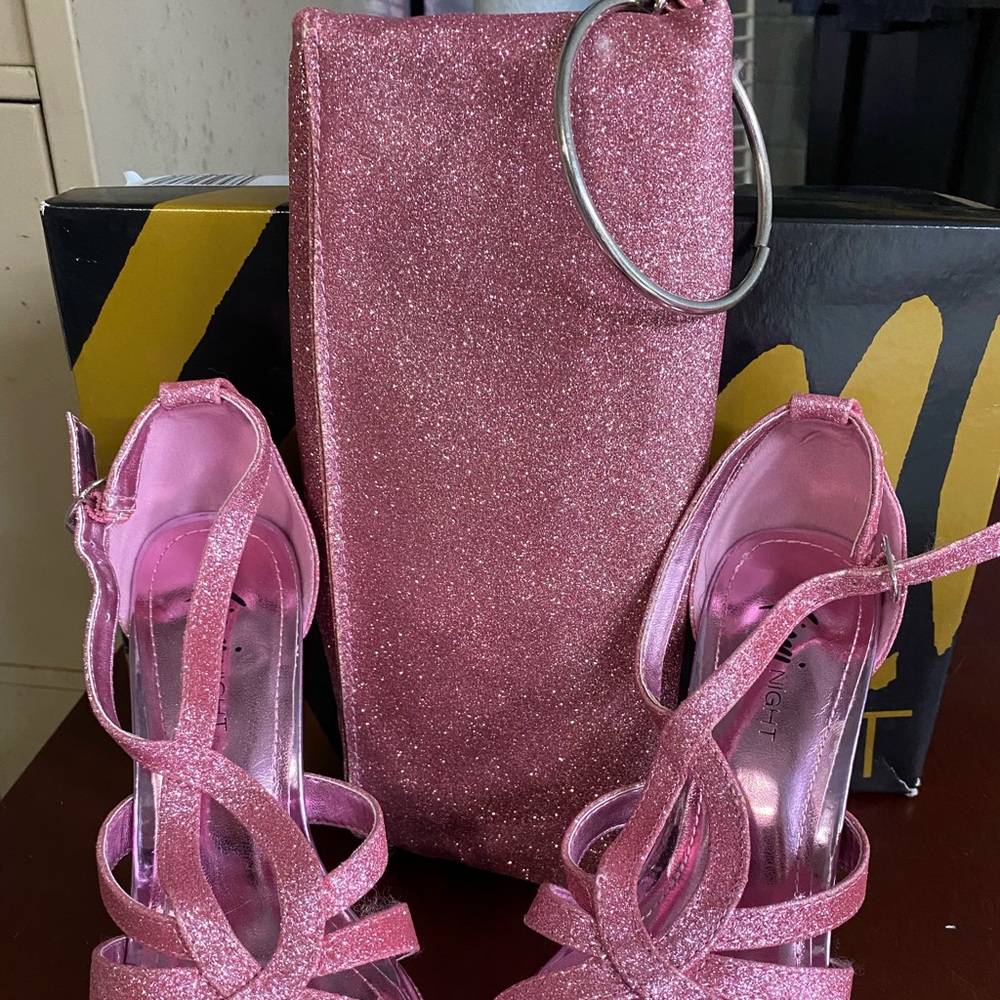 Fioni Night Pink Glitter heels with matching purse Size 6
